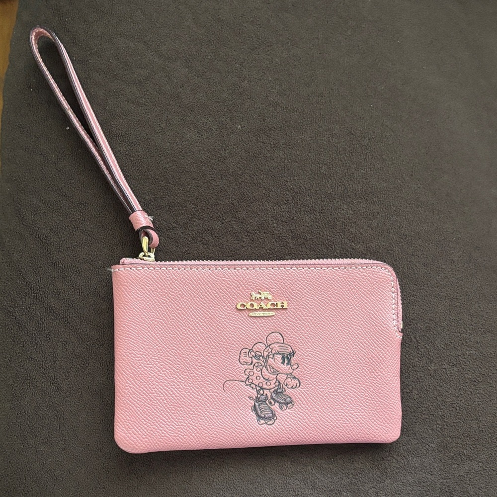 Coach Pink Minnie Mouse Wristlet Pouch with Gold Logo